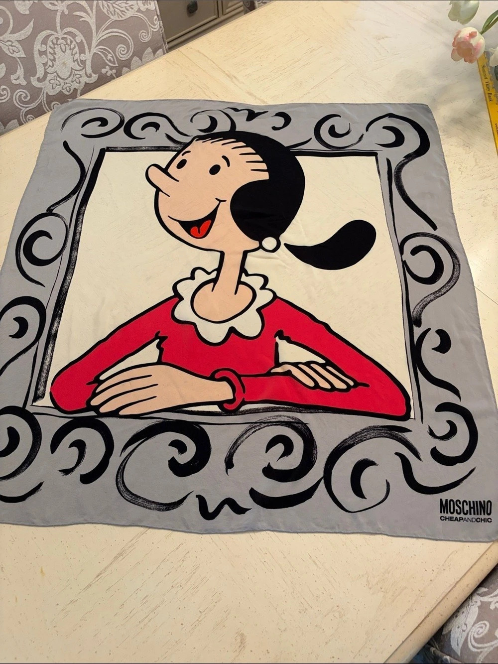 Moschino Cheap and Chic Olive Oyl Silk Scarf Graphic Printed Scarf Gray & Red
